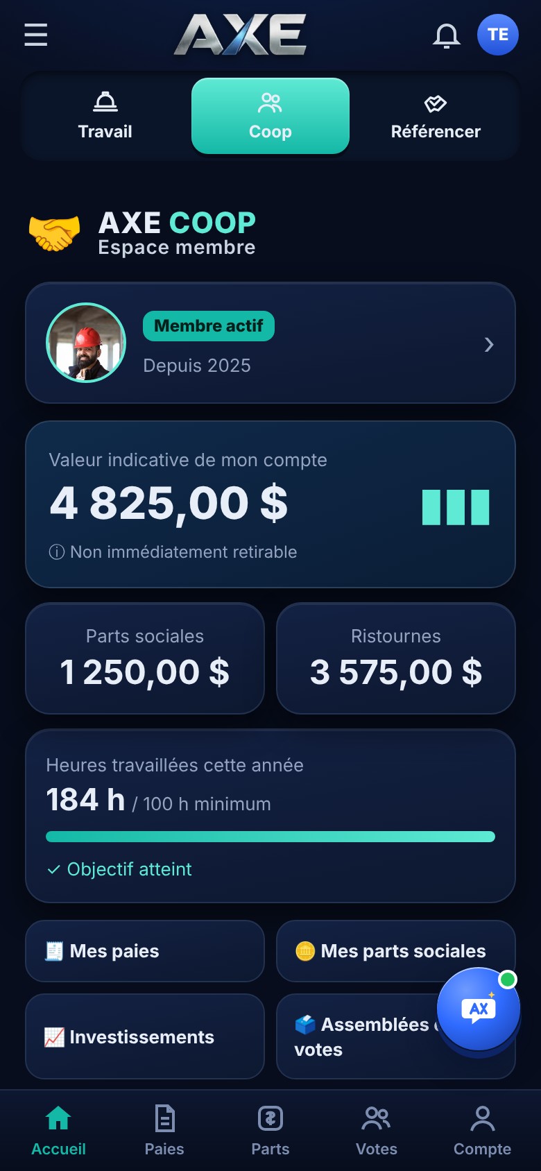 Espace membre AXE COOP dans l’application